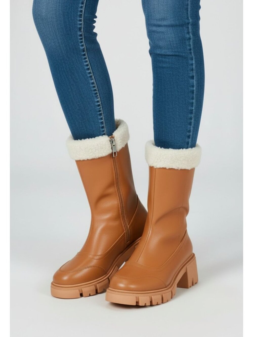 Womens Tan Faux Leather Block Heel Winter Boots With Faux Fur Lining & Side Zipp